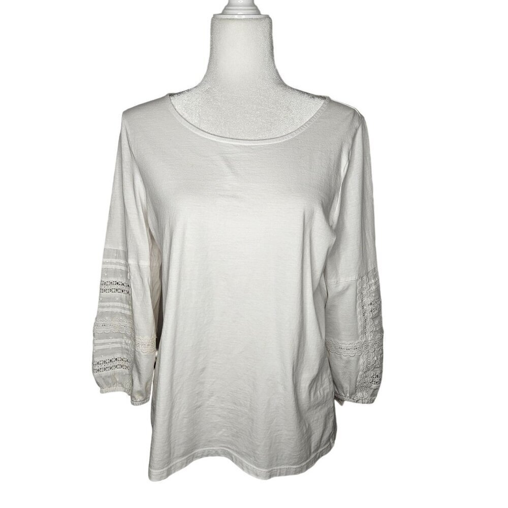 Talbots Cottagecore Knit White 3/4 Sleeve Lace Boho Top 100% Cotton Size M